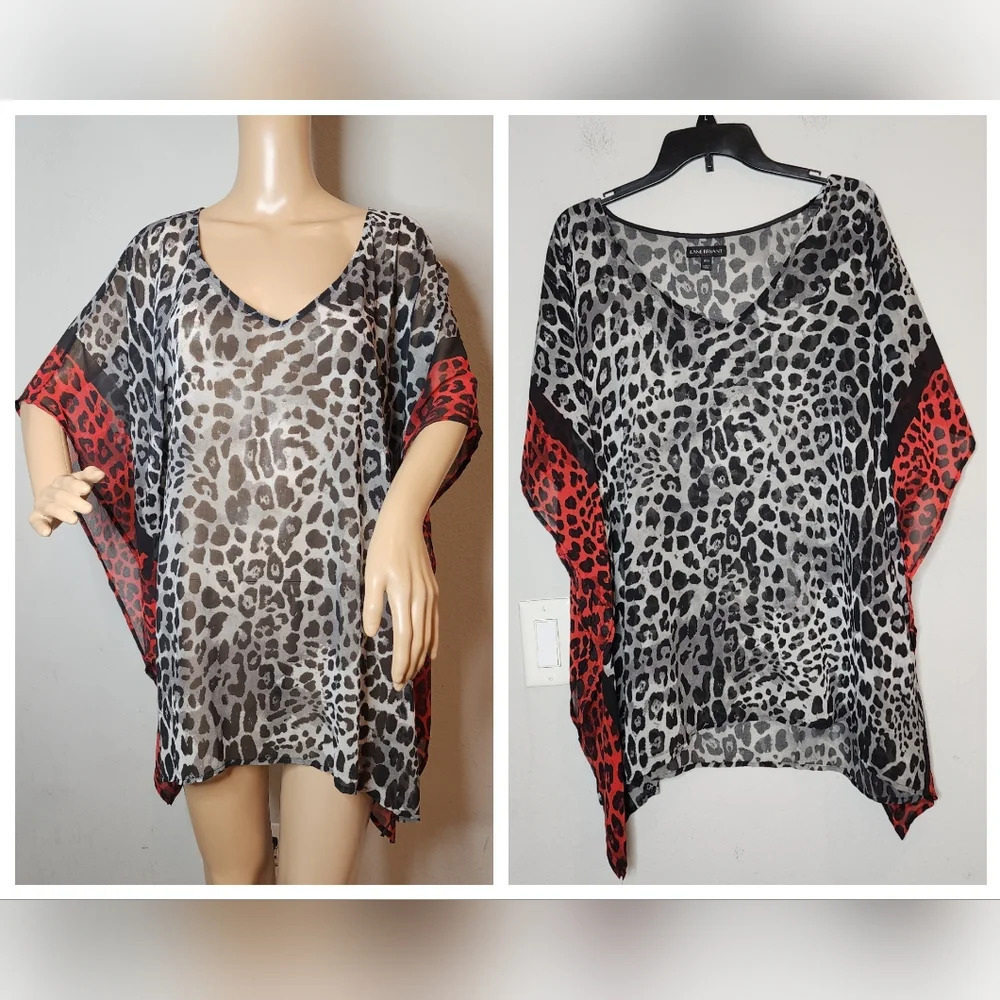 Lane Bryant Poncho Shirt Black Grey Red Leopard Print Semi Sheer Size 14/16 1X